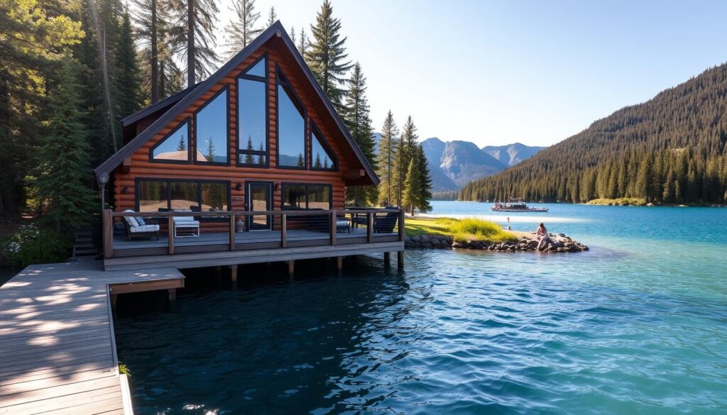 A cozy A-frame cabin nestled in the heart of Coeur d'Alene, Idaho, overlooking the sparkling blue waters of the lake. The cabin's rustic exterior blends seamlessly with the surrounding lush greenery, while the interior boasts a modern, yet warm aesthetic. Sunlight streams through large windows, casting a soft glow on the wood-paneled walls and plush furnishings. In the foreground, a well-maintained dock extends into the tranquil lake, inviting guests to relax and soak in the breathtaking views. The middle ground features a secluded beach area, perfect for sunset strolls or a refreshing dip. The background showcases the iconic silhouette of the Coeur d'Alene mountains, creating a picturesque and serene setting.