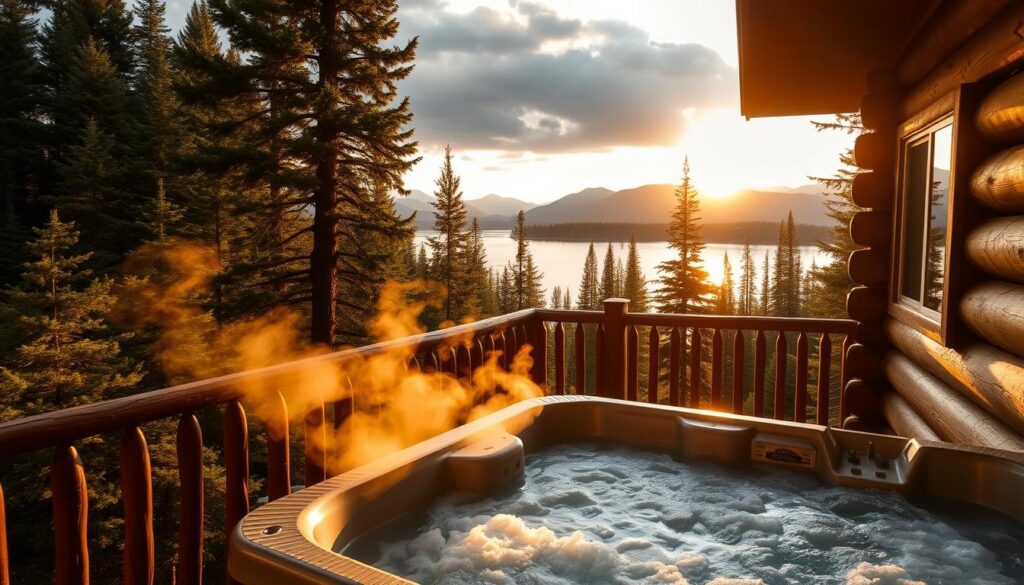 A cozy Montana cabin nestled in a lush, evergreen forest, with a steaming hot tub on the wooden deck, offering breathtaking views of a serene mountain lake. The water glistens under the warm, golden light of the setting sun, casting a peaceful, tranquil atmosphere. Wisps of steam rise from the bubbling hot tub, inviting guests to relax and unwind. The cabin's rustic, log-cabin exterior blends seamlessly with the natural surroundings, creating a sense of quiet luxury and seclusion. The image captures the essence of a quintessential Montana cabin experience, perfect for a peaceful, rejuvenating getaway.