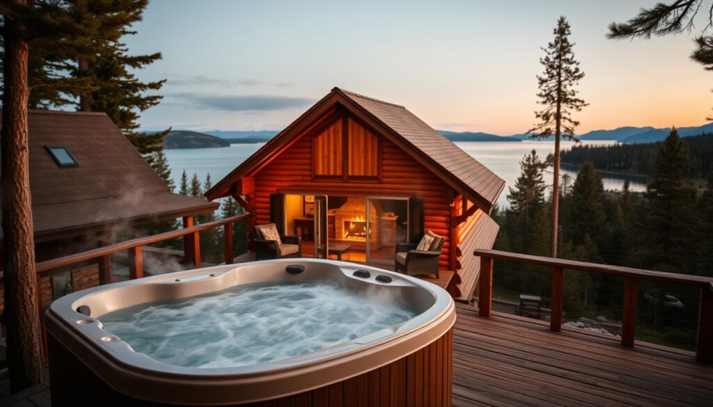 A cozy North Idaho cabin nestled in the pine-covered hills, overlooking the serene waters of Lake Pend Oreille. In the foreground, a steaming hot tub sits on a secluded deck, inviting couples to relax under the twinkling stars. The middle ground features the cabin's rustic exterior, with its warm wooden walls and a crackling fireplace visible through the windows. In the background, the vast lake stretches out, its still surface reflecting the surrounding mountains and forests. Soft, golden lighting creates a romantic, intimate atmosphere, while a wide-angle lens captures the breathtaking vista in cinematic detail.