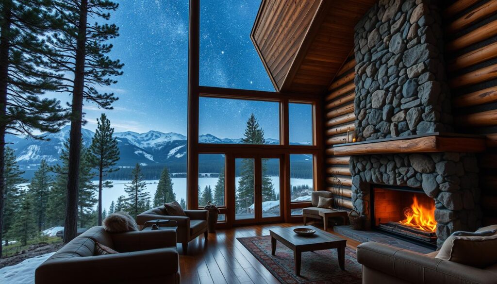 A cozy Shangrilog cabin nestled amidst the pine-clad slopes of Bull Lake, Montana. The warm, rustic exterior is crafted from weathered logs, complemented by a gently sloping tin roof. Soft light spills from the large windows, inviting guests to step inside and experience the luxurious off-grid sanctuary. The cabin's interior is a harmonious blend of modern comforts and natural materials - polished wood floors, plush furnishings, and a grand stone fireplace that crackles with a inviting flame. Through the window, a serene panorama of untouched wilderness unfolds, with towering mountains silhouetted against a tapestry of twinkling stars. This is a place where silence, solitude, and the beauty of nature converge, offering a truly sacred retreat.
