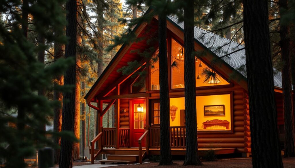 A cozy and charming cabin nestled in a secluded forest, its warm wooden exterior bathed in soft, golden light. The cabin stands tall amid towering pine trees, their verdant foliage framing the scene. A small porch invites visitors to pause and take in the tranquil atmosphere, perhaps sipping a hot beverage while admiring the natural beauty that surrounds. The interior is visible through large windows, hinting at the inviting ambiance within, complete with a crackling fireplace and rustic, yet refined furnishings. The overall impression is one of a hidden sanctuary, a perfect escape from the bustling world beyond.
