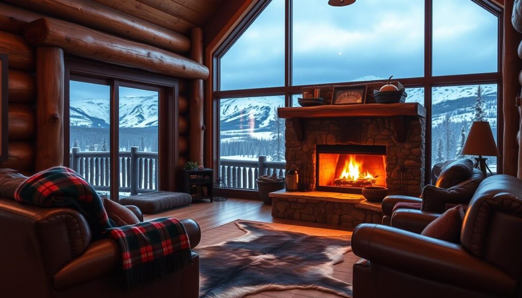 A cozy and inviting fireplace in a rustic Montana cabin, with flickering flames casting a warm glow. The fireplace is the centerpiece of the room, framed by natural stone walls and a sturdy wooden mantle. Plush leather armchairs and a plaid throw blanket create a comfortable seating area, while a bearskin rug adds to the cabin's rustic charm. The room is illuminated by soft, ambient lighting, creating a serene and relaxing atmosphere. The large windows provide a panoramic view of the snow-capped mountains in the background, blending the indoor and outdoor spaces seamlessly.