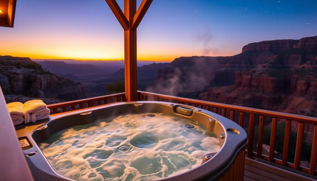 A cozy and inviting outdoor hot tub, situated on a wooden deck overlooking a serene canyon landscape. The tub is filled with steaming, crystal-clear water, gently bubbling and reflecting the warm glow of the setting sun. The wooden structure is expertly crafted, blending seamlessly with the natural surroundings. Plush towels and robes are neatly arranged nearby, inviting guests to sink into the tranquil waters and gaze up at the stars slowly emerging in the twilight sky. The atmosphere is one of quiet relaxation, perfect for a romantic evening or a moment of solitary contemplation under the vast, star-studded heavens.