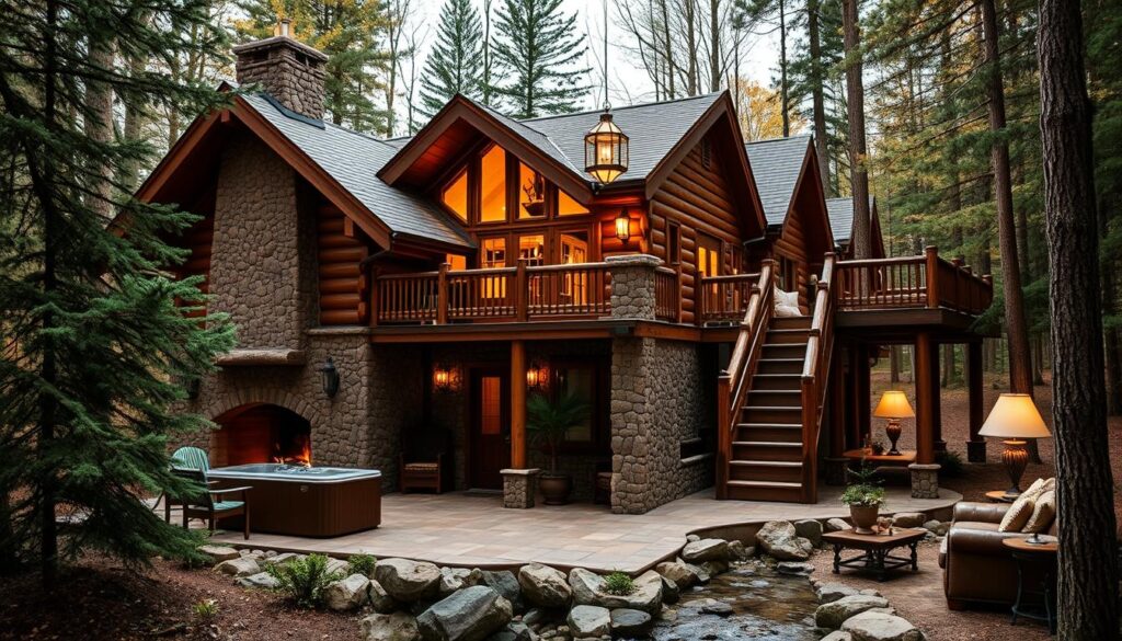 A cozy and luxurious log cabin nestled in a lush, forested landscape. The exterior features rustic log walls, a large stone fireplace, and a wraparound porch with comfortable seating. The interior is warm and inviting, with exposed wooden beams, plush leather furnishings, and high-end amenities like a gourmet kitchen, a private hot tub, and a grand staircase leading to a loft bedroom. Soft, warm lighting from antique-style chandeliers and sconces creates a romantic, intimate atmosphere. The cabin is surrounded by towering evergreen trees and a tranquil, babbling brook, providing a serene and secluded escape in the heart of the New Jersey wilderness.