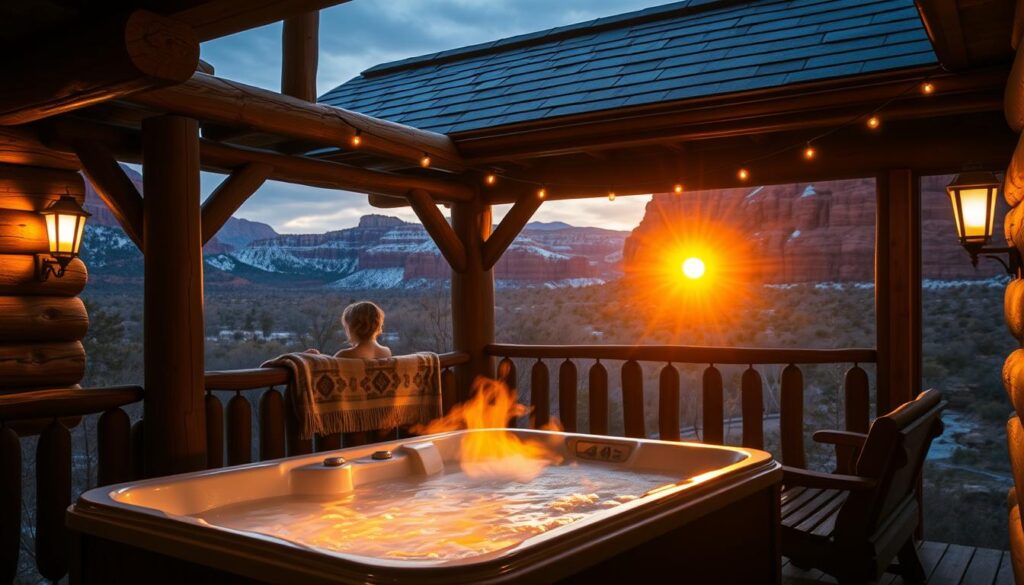 A cozy and rustic cabin porch, the warm glow of a hot tub beckoning in the foreground. Wooden beams and a slate roof frame the serene scene, as the setting sun casts a golden hue across the surrounding red rock formations. The tub's swirling steam mingles with the crisp mountain air, creating an atmosphere of tranquility and romance. An inviting wooden bench sits nearby, perfect for snuggling under a soft blanket and gazing out at the breathtaking Utah landscape. Soft lighting from sconces and string lights accentuates the porch's rustic charm, while the sound of a nearby stream adds to the peaceful ambiance.