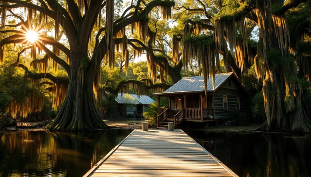 A cozy bayou-side cabin nestled among towering cypress trees, their gnarled branches draped in Spanish moss. Sunlight filters through the verdant canopy, casting a warm, golden glow over the tranquil scene. In the foreground, a wooden dock extends over the still, mirror-like waters, inviting you to sit and soak in the serene ambiance. The cabin's rustic exterior, with its weathered wood siding and tin roof, blends seamlessly into the lush, natural surroundings. This idyllic Louisiana retreat offers a perfect escape from the everyday, transporting you to a world of peace and relaxation.