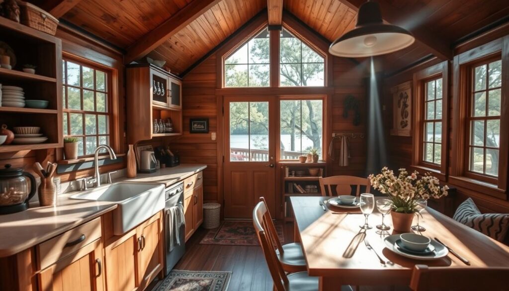 A cozy birdhouse-shaped cabin nestled in the lush foliage of New Braunfels, Texas. The warm, inviting kitchen is filled with natural light streaming through large windows, showcasing custom wood cabinetry, a farmhouse sink, and a rustic dining table set for a delightful meal. Soft textures, charming decor, and glimpses of the nearby Guadalupe River create a soulful, charming ambiance. Photographed with a wide-angle lens to capture the cabin's full interior, the image conveys the serene, retreat-like atmosphere of this unique vacation rental.