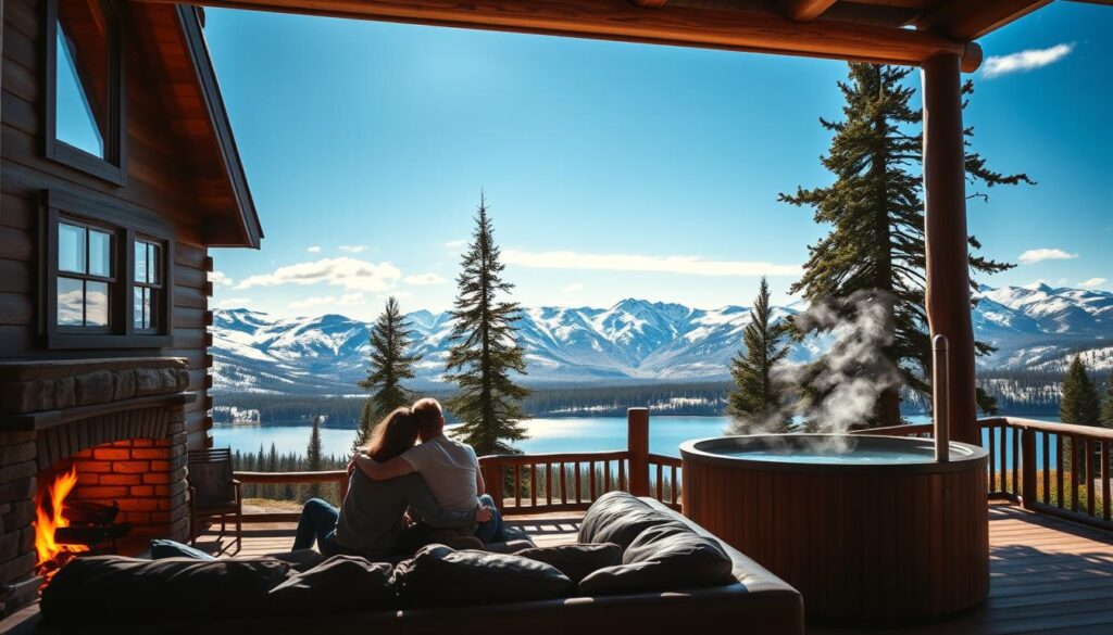 A cozy blue-tinted cabin nestled in the serene Montana wilderness, surrounded by snow-capped peaks under a cloudless azure sky. Warm sunlight filters through tall windows, casting a soft glow on the rustic wooden interior. In the foreground, a crackling fireplace warms a plush leather sofa, inviting couples to snuggle and gaze out at the breathtaking panoramic vistas. In the middle ground, a wooden deck overlooks a pristine alpine lake, with a wood-fired hot tub steaming invitingly. The background features towering pines, dotted with vibrant wildflowers, creating a serene and romantic retreat.