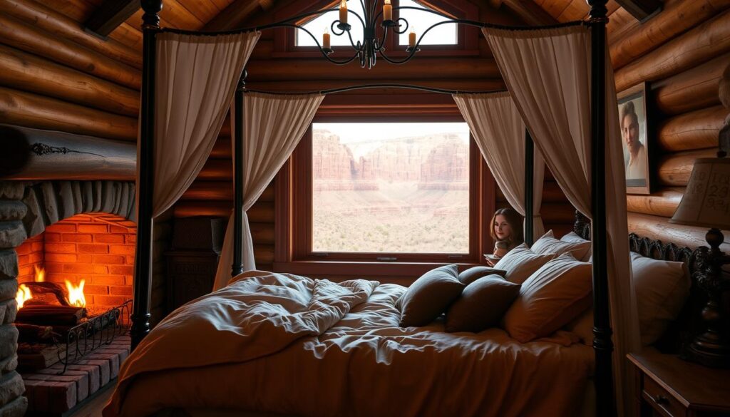 A cozy cabin bed nestled in a rustic, wood-paneled alcove, illuminated by the warm glow of a crackling fireplace. Soft, plush bedding in earthy tones invites you to sink in and relax, as sunlight filters through the large picture window, revealing the striking red cliffs of Zion National Park in the distance. A wrought-iron canopy frame and sheer curtains add an air of romantic seclusion, while natural wood accents and earthy textures create a harmonious, inviting atmosphere. The scene evokes a sense of peaceful solitude, perfect for a dreamy, intimate getaway amidst the stunning natural beauty of southern Utah.