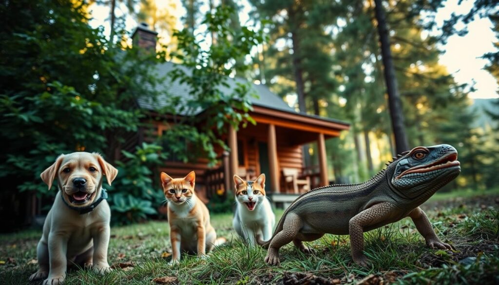 A cozy cabin in the Idaho wilderness, surrounded by lush, verdant foliage. In the foreground, a group of well-behaved, happy pets - a playful puppy, a curious cat, and a content reptile, all enjoying the great outdoors. The lighting is warm and natural, with soft, diffused sunlight filtering through the trees. The scene evokes a sense of peace, adventure, and the joyful connection between humans and their animal companions. The camera angle is slightly elevated, capturing the serene landscape and the pets' carefree interactions. This idyllic setting perfectly captures the essence of finding the perfect pet-friendly stay in Idaho's great outdoors.