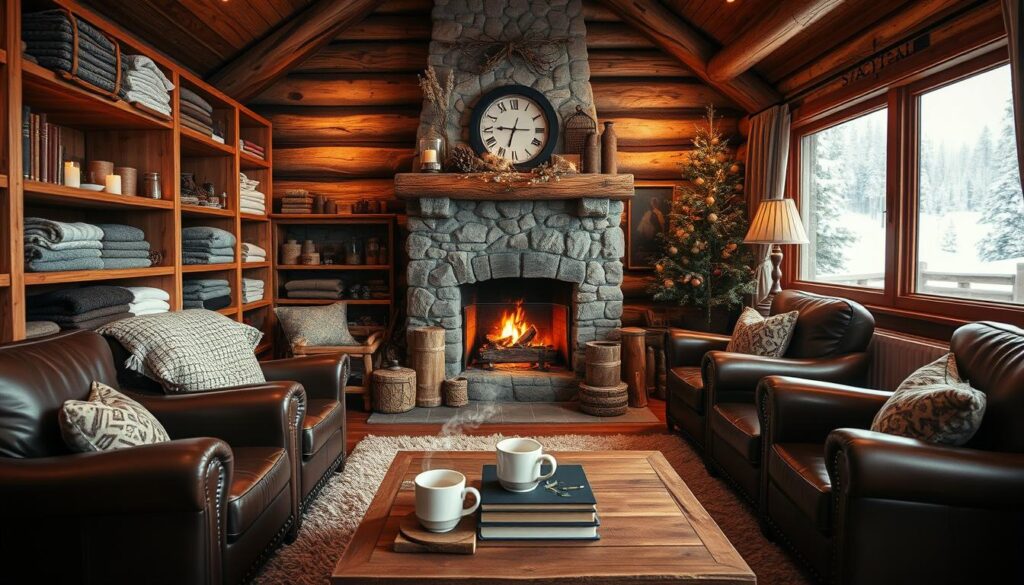 A cozy cabin interior bathed in warm, flickering firelight. In the foreground, a well-stocked wooden shelving unit showcases an array of plush blankets, scented candles, and rustic decorative pieces. Centered is a stone fireplace, its mantel adorned with natural elements like pinecones and dried flowers. Soft leather armchairs and a plush area rug create an inviting seating area, while a wooden coffee table displays a steaming mug and a stack of artisanal books. Through a large window in the background, a serene snowy landscape comes into view, hinting at the peaceful seclusion of this winter retreat.