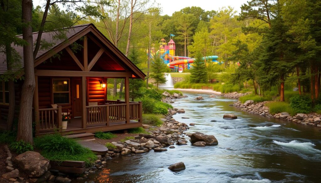 A cozy cabin nestled along the banks of a serene creek, its rustic charm complemented by the lush greenery of the surrounding trees. In the distance, the vibrant colors and playful splashes of a nearby waterpark come into view, inviting guests to explore the attractions. The cabin's porch offers a tranquil respite, with comfortable seating and a captivating view of the creek's gentle flow. Soft, warm lighting casts a welcoming glow, creating an atmosphere of relaxation and rejuvenation. The scene evokes a sense of peaceful seclusion, yet remains conveniently close to the excitement and adventure of the waterpark, offering the perfect blend of tranquility and entertainment.