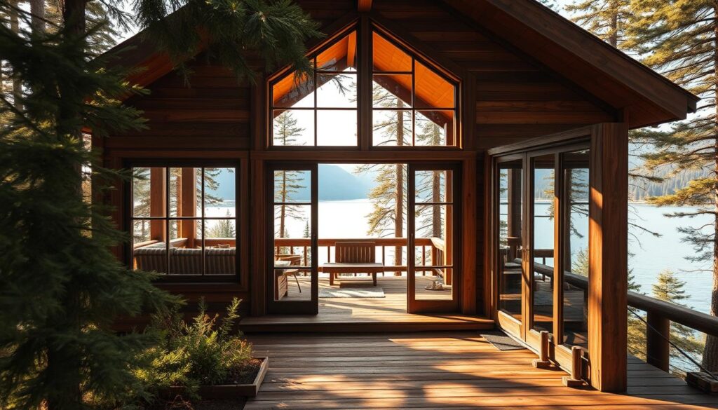 A cozy cabin nestled amidst a lush, pine-scented forest, with expansive windows framing breathtaking views of a tranquil lake. The warm, diffused light filters through the reclaimed wood frames, casting a golden glow on the weathered panels. Rustic yet refined, the cabin blends seamlessly with its natural surroundings, inviting visitors to embrace the simple pleasures of forest and lake living. A wide-angle lens captures the harmonious interplay between the cabin's sturdy construction and the serene, panoramic vista beyond, conveying a sense of intimate connection with the great outdoors.
