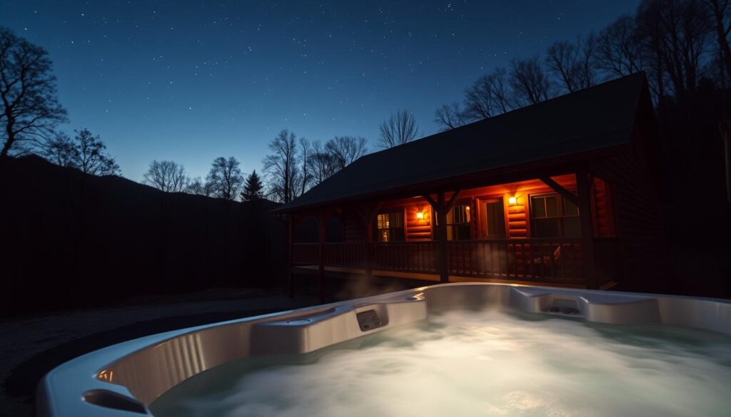 A cozy cabin nestled amidst the rolling hills of Kentucky, its roof dotted with stars in the clear night sky. In the foreground, a steaming hot tub, its waters gently swirling, inviting guests to soak in the warmth and serenity. The cabin's exterior is adorned with rustic charm, wooden beams and a wraparound porch, creating a sense of tranquility. Soft, ambient lighting casts a warm glow, highlighting the steam rising from the tub and the silhouettes of the surrounding forest. The overall mood is one of intimate relaxation, a perfect escape from the stresses of daily life, immersed in the natural beauty of Kentucky's hills and lakes.