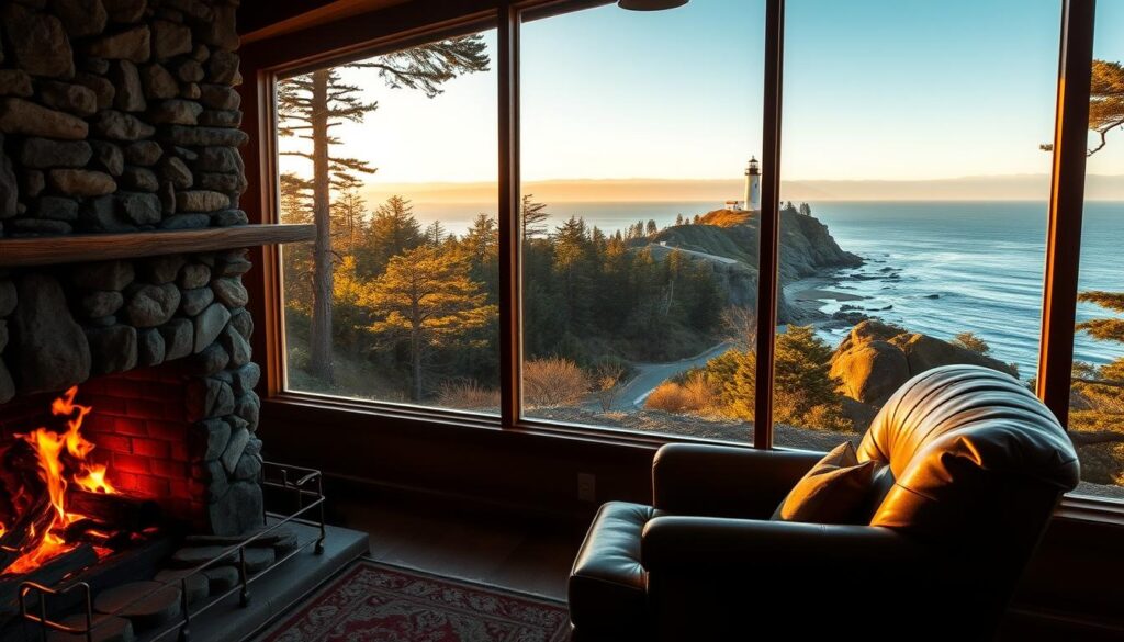 A cozy cabin nestled amidst the rugged cliffs of Point Reyes, California. The foreground features a stone fireplace with a crackling fire, and a plush leather armchair inviting relaxation. Through the cabin's large picture windows, the middle ground showcases a tranquil forest landscape, with towering redwoods and a winding stream. In the background, the dramatic coastline unfolds, with the iconic Point Reyes lighthouse perched atop a windswept promontory. Warm, golden lighting filters through the windows, creating a serene and romantic atmosphere. The scene is captured with a wide-angle lens, emphasizing the cabin's intimate connection to the natural surroundings.