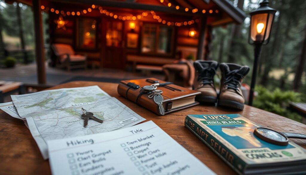 A cozy cabin nestled in a lush, evergreen forest, the warm glow of lanterns casting a soft light on a wooden table topped with a rustic leather-bound journal, a set of keys, and a map highlighting local hiking trails. In the foreground, a stack of well-worn travel guides and a hand-written checklist of essential items - hiking boots, a warm blanket, and a trusty compass. The scene exudes an atmosphere of adventure and relaxation, inviting the viewer to plan their perfect rustic getaway.