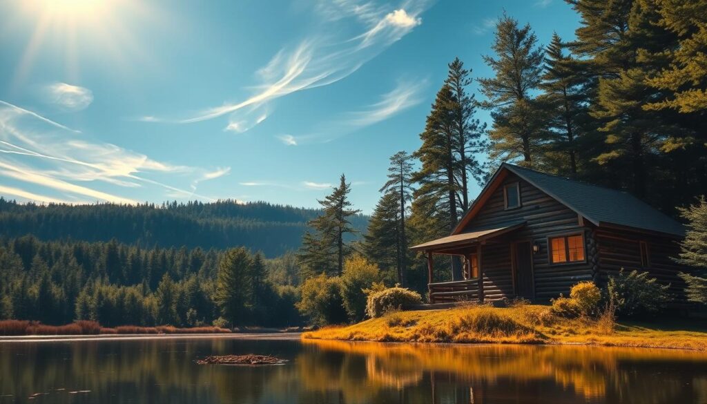 A cozy cabin nestled in a lush, forested New England landscape, bathed in warm, golden light from a dramatic spotlight. The cabin's rustic exterior, with weathered wood siding and a charming gabled roof, stands in contrast to the picturesque natural surroundings. In the foreground, a serene pond reflects the scene, creating a sense of tranquility. Wispy clouds drift across a clear, azure sky, adding to the calming ambiance. The overall atmosphere evokes a feeling of romantic escapism, inviting the viewer to imagine themselves in this enchanting, cabin-style retreat.