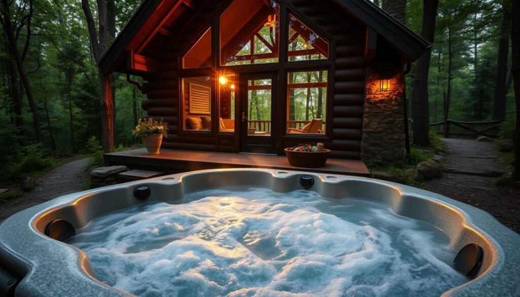 A cozy cabin nestled in a lush, verdant forest, its exterior adorned with rustic wood and a stone chimney. In the foreground, a steaming hot tub, its swirling waters inviting couples to unwind and relax, surrounded by natural stone and lush greenery. Soft, warm lighting casts a romantic glow, creating an intimate atmosphere. The cabin's large windows offer panoramic views of the serene forest, enhancing the sense of seclusion and tranquility. A path leads through the wooded landscape, beckoning guests to explore the picturesque setting. This idyllic scene evokes a sense of peaceful respite, perfect for a couples' retreat in the heart of the Illinois wilderness.