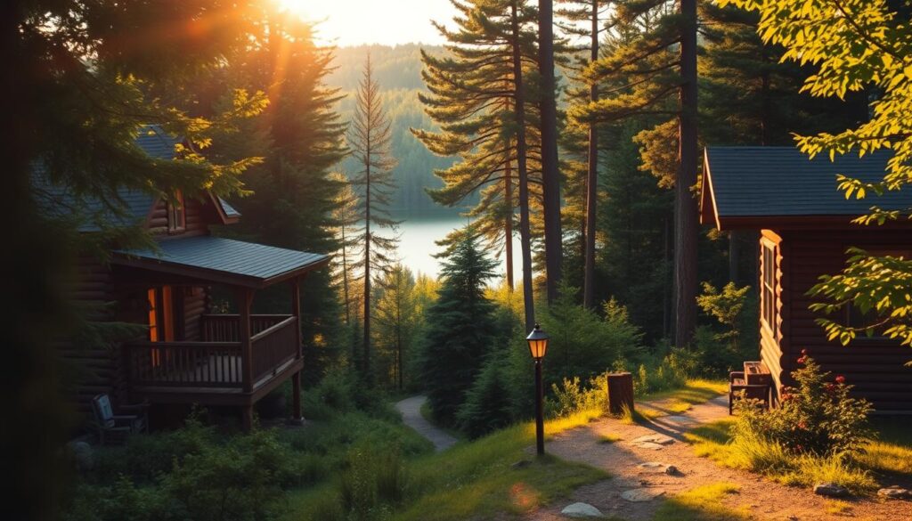 A cozy cabin nestled in a lush, verdant forest, its wooden exterior bathed in warm, golden sunlight streaming through the windows. In the foreground, a picturesque porch overlooks a tranquil lake, its still waters reflecting the surrounding trees and the cabin's rustic charm. In the middle ground, a trail winds through the dense foliage, inviting exploration of the serene natural setting. The background is a panorama of towering pines and vibrant foliage, creating a sense of peaceful seclusion. The scene is imbued with a sense of relaxation and connection to the great outdoors, capturing the essence of a Michigan cabin getaway.