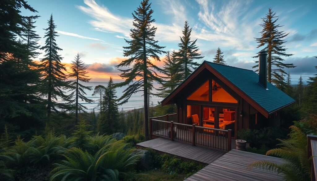 A cozy cabin nestled in a lush, verdant forest, with a panoramic view of the rugged Oregon coastline in the distance. Warm, golden light filters through the windows, casting a welcoming glow. In the foreground, a well-crafted wooden deck offers a tranquil space to soak in the serene atmosphere. Towering evergreens and wild ferns create a natural, secluded ambiance, while wispy clouds drift overhead, hinting at the perfect balance of solitude and connection with the great outdoors. This idyllic scene, captured through a wide-angle lens, invites the viewer to imagine the perfect romantic retreat, where one can truly unwind and reconnect with nature.