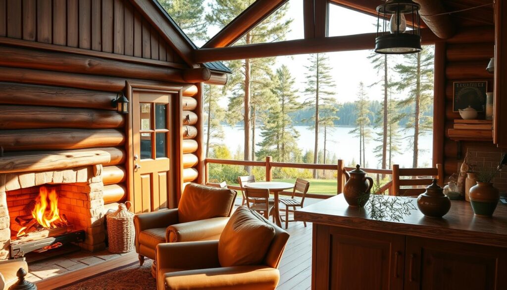 A cozy cabin nestled in a lush, verdant landscape, its weathered wood facade glowing warmly under soft, natural lighting. In the foreground, a plush leather armchair and a crackling fireplace, inviting guests to sink in and unwind. The middle ground reveals a well-appointed kitchenette, its countertops adorned with rustic pottery and fresh herbs. Beyond, a large picture window frames a serene lake, its still waters reflecting the surrounding pine trees. The atmosphere radiates a sense of tranquility and ease, beckoning visitors to slow down, disconnect, and savor the simple pleasures of cabin living.