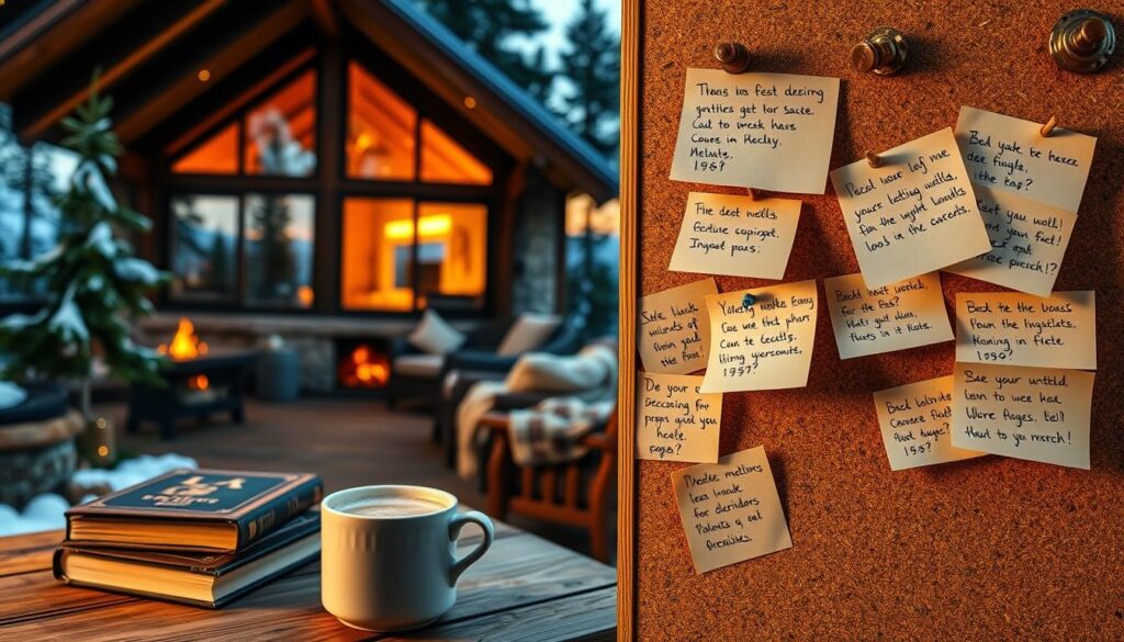 A cozy cabin nestled in a pine forest, with a warm fireplace and plush furnishings visible through the windows. In the foreground, a stack of books and a mug of hot cocoa sit on a rustic wooden table, hinting at the comfort and relaxation within. The middle ground features a collection of handwritten reviews and ratings, each note pinned to a cork board with a brass thumbtack, conveying a sense of authenticity and personal touch. The background showcases a panoramic view of snow-capped mountains, bathed in the soft glow of golden hour, evoking a peaceful, serene ambiance.