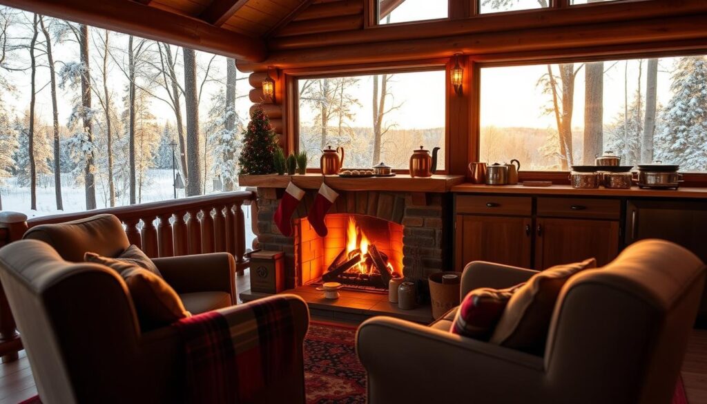 A cozy cabin nestled in a snow-covered forest, bathed in warm, golden lighting. In the foreground, a roaring fireplace with plush armchairs and a plaid blanket, inviting guests to relax and unwind. On the mantel, stockings and festive decor add a touch of holiday cheer. The middle ground features a well-stocked kitchenette with copper pots, mugs, and baked goods, hinting at the culinary delights to be savored. In the background, large windows offer a panoramic view of the tranquil, snow-dusted landscape, creating a serene, picturesque scene that captures the essence of a quintessential Texas cabin retreat.