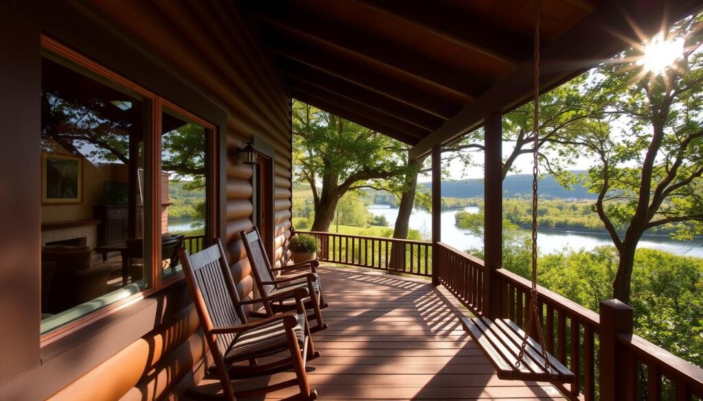 A cozy cabin nestled in lush greenery, surrounded by serene lakes and rolling hills. The front porch offers a warm welcome, with inviting rocking chairs and a rustic wooden swing. Through the window, a glimpse of the well-appointed interior, with plush furnishings and a crackling fireplace. Dappled sunlight filters through the canopy of trees, casting a soft, golden glow over the peaceful scene. The perfect backdrop for a tranquil getaway, this rental cabin embodies the essence of a Texas hill country retreat.