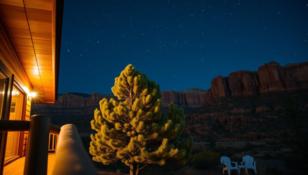 A cozy cabin nestled in the breathtaking Utah red rock landscape, its expansive deck offering a stunning view of the night sky. The cabin's warm lighting casts a gentle glow, inviting you to step outside and gaze up at the twinkling stars. In the foreground, a rustic wooden railing frames the scene, while in the middle ground, a cluster of tall pines sway gently in the breeze. The background is dominated by the majestic red rock formations, their weathered surfaces glowing under the moonlight. The atmosphere is one of tranquility and romance, perfect for a couple seeking a serene and secluded getaway.