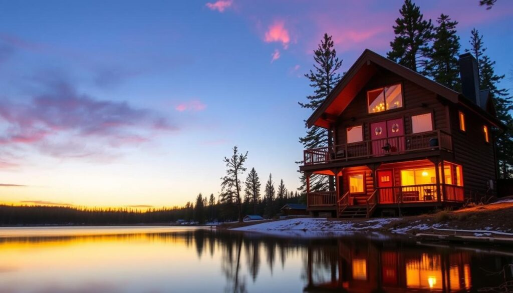 A cozy cabin nestled in the heart of the Black Hills, surrounded by towering pines and a serene lakefront. The wooden structure, bathed in warm, golden light, stands tall against the backdrop of a vibrant sunset. A charming covered porch invites guests to relax and take in the breathtaking views, while the interior boasts a romantic ambiance with a crackling fireplace and plush furnishings. Delicate snow dusts the landscape, adding a touch of winter wonderland to this idyllic retreat. The cabin's reflection dances across the still waters of the nearby lake, creating a picturesque scene that epitomizes the serene solitude and natural beauty of South Dakota's Honeymoon Hideaways.
