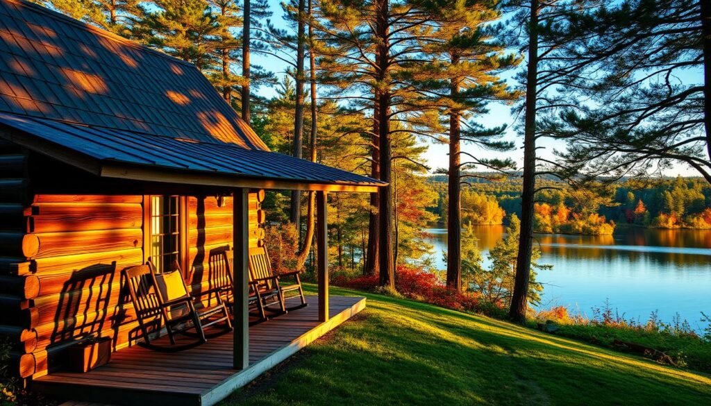 A cozy cabin nestled in the heart of the New England countryside, its weathered wooden exterior bathed in the warm glow of the setting sun. The foreground features a inviting porch with rocking chairs, beckoning visitors to slow down and savor the tranquility. Surrounding the cabin, a lush forest of towering pines and vibrant foliage, their shadows dancing across the landscape. In the distance, a serene lake reflects the picturesque scene, its glassy surface interrupted only by the gentle ripples of a passing breeze. The overall atmosphere exudes a sense of rustic charm and timeless comfort, capturing the essence of a quintessential New England retreat.