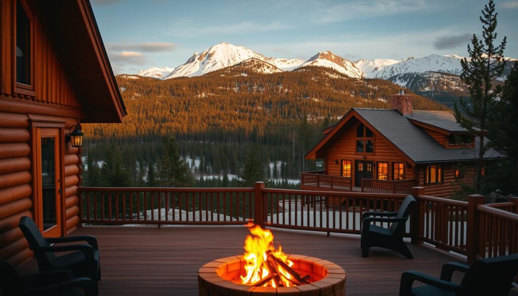 A cozy cabin nestled in the heart of the Whitefish Mountain Range, its warm wooden exterior bathed in the golden glow of the setting sun. The foreground showcases a sprawling deck with a fire pit, inviting you to unwind and take in the breathtaking panoramic views. In the middle ground, the cabin is surrounded by a lush, pine-forested landscape, with towering snow-capped peaks rising majestically in the background. The scene is lit by a soft, natural light, creating a serene and tranquil atmosphere, perfect for a peaceful mountain escape. A cozy cabin nestled in the heart of the Whitefish Mountain Range, its warm wooden exterior bathed in the golden glow of the setting sun. The foreground showcases a sprawling deck with a fire pit, inviting you to unwind and take in the breathtaking panoramic views. In the middle ground, the cabin is surrounded by a lush, pine-forested landscape, with towering snow-capped peaks rising majestically in the background. The scene is lit by a soft, natural light, creating a serene and tranquil atmosphere, perfect for a peaceful mountain escape.