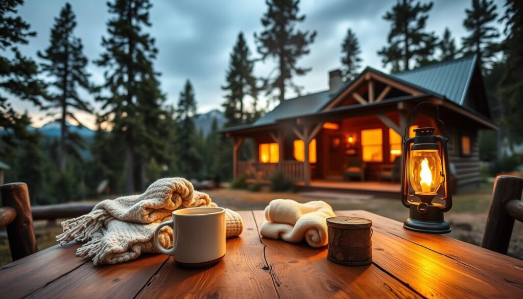A cozy cabin nestled in the lush Idaho wilderness, its amenities on display in a snapshot-style composition. In the foreground, a rustic wooden table showcases an array of essential items - plush throws, a steaming mug, and a flickering lantern, hinting at the cabin's creature comforts. The middle ground reveals the cabin's exterior, with its inviting porch and warm lighting peeking through the windows, set against a backdrop of towering pines and a serene mountain range. The lighting is soft and golden, creating a welcoming, intimate atmosphere. The overall scene evokes a sense of tranquility and the promise of a rejuvenating weekend getaway.