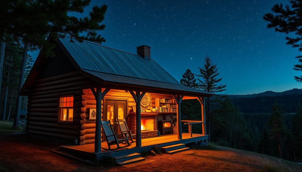 A cozy cabin nestled in the lush, pine-scented forests of Michigan's Upper Peninsula, its weathered wooden exterior framed by a backdrop of rolling hills and a starry night sky. The cabin's porch is adorned with rocking chairs, inviting visitors to relax and take in the serene, natural surroundings. Inside, the warm glow of a crackling fireplace casts a soft light, illuminating the rustic, yet charming, interior decor. Shelves are lined with books, board games, and other comforts, ready to provide entertainment for both human and canine companions. The cabin's windows offer panoramic views of the untamed wilderness, promising a peaceful and rejuvenating retreat for those seeking a true escape from the everyday.