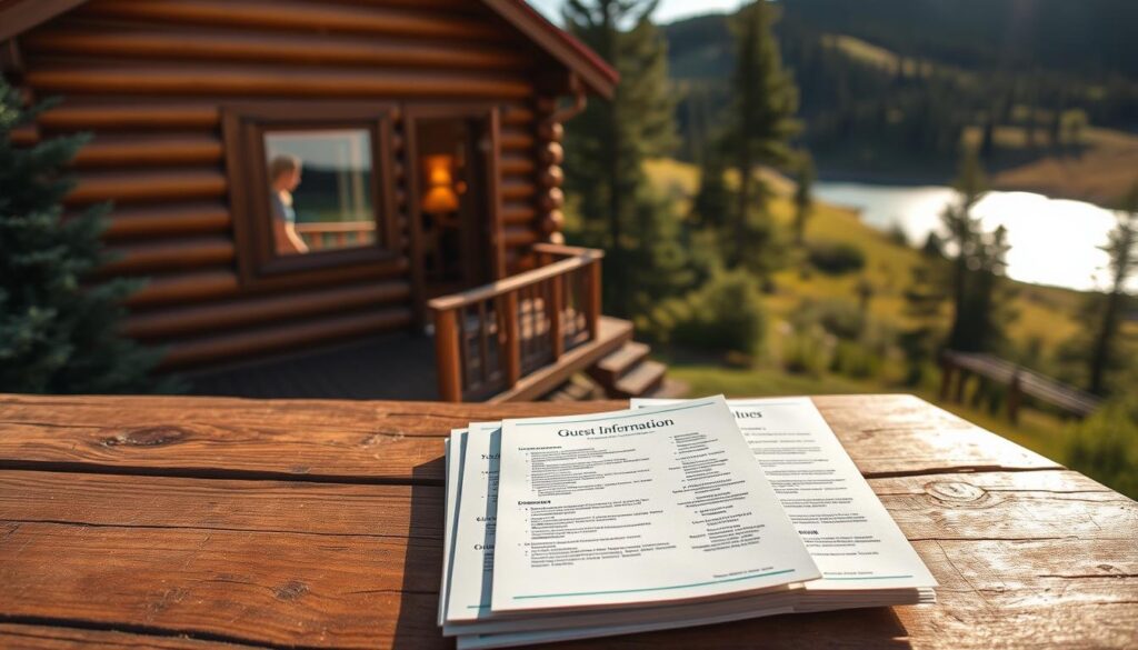 A cozy cabin nestled in the lush, rolling hills of South Dakota, its wooden exterior bathed in warm, golden light. In the foreground, a rustic table displays a neatly arranged stack of guest information pamphlets, detailing the retreat's policies and amenities. The cabin's welcoming interior is visible through the window, hinting at the tranquil atmosphere that awaits visitors. The surrounding landscape is dotted with towering pines and the glistening waters of a nearby lake, creating a serene and picturesque setting. The overall mood is one of inviting comfort and natural beauty, perfectly capturing the essence of a romantic cabin retreat.