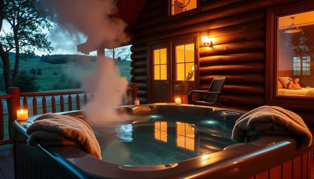A cozy cabin nestled in the lush, rolling hills of the Iowa countryside, with a serene, cedar-lined hot tub on the back porch, steam gently rising into the cool evening air. The tub is surrounded by flickering candles and plush, oversized towels, creating an intimate, romantic atmosphere. The cabin's warm, wooden exterior is reflected in the tub's crystal-clear waters, complemented by the soft glow of outdoor lighting that illuminates the peaceful, secluded scene. The image captures the perfect blend of rustic charm and modern comfort, inviting couples to indulge in a relaxing, rejuvenating retreat amidst the tranquil beauty of the Iowa countryside.