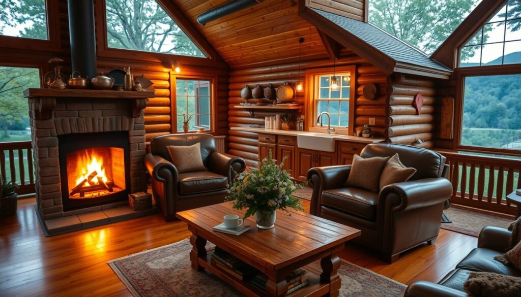 A cozy cabin nestled in the lush, verdant hills of West Virginia, its rustic exterior complemented by warm, inviting interiors. A roaring fireplace casts a soft, golden glow, illuminating plush leather armchairs and a sturdy wooden coffee table adorned with a bouquet of wildflowers. Hardwood floors lead to a well-equipped kitchenette, where copper pots and pans hang neatly above a farmhouse-style sink. A large bay window offers a panoramic view of the rolling landscape, inviting the outside in. Soft, ambient lighting and natural textures, such as woven throws and handcrafted wooden accents, create a tranquil, romantic atmosphere, perfect for a peaceful, secluded getaway.