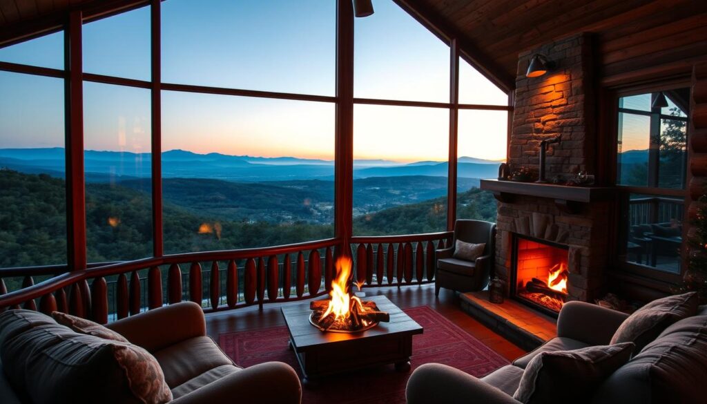 A cozy cabin nestled in the rolling hills of Robertson County, Texas, its warm fireplace casting a soft glow against the fading light. Expansive windows frame a breathtaking vista of lush forests and distant mountains, inviting quiet contemplation. The interior is rustic yet refined, with rich wood tones, plush furnishings, and a crackling fire casting dancing shadows. Soft ambient lighting and a sense of peaceful solitude create an atmosphere of tranquil retreat, perfect for wintertime respite. A wide-angle lens captures the scene, emphasizing the cabin's intimate scale and its seamless integration with the surrounding natural beauty.