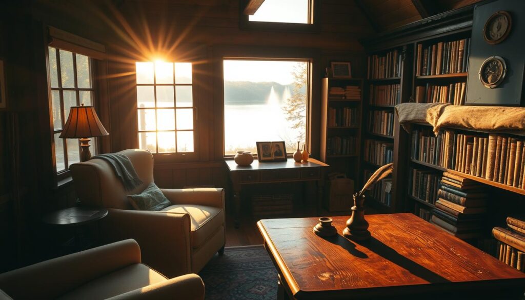 A cozy cabin room bathed in warm, golden light streaming through large windows overlooking a serene lakeside setting. In the foreground, a plush armchair and a side table with an old-fashioned lamp invite you to sink in and lose yourself in a good book. The middle ground features a handcrafted wooden desk, ink well, and quill, hinting at the cabin's creative spirit. In the background, bookshelves line the walls, their worn spines whispering tales of inventors, pioneers, and adventurers. The room exudes a sense of timeless comfort and inspiration, perfect for contemplating life's big questions by the crackling fireplace.