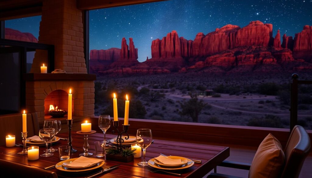 A cozy, candlelit dining scene nestled among the majestic red rock formations of Utah. In the foreground, a rustic wooden table is set with fine china, crystal glassware, and flickering candles, casting a warm, intimate glow. In the middle ground, a stone fireplace crackles, while large picture windows frame the breathtaking desert landscape outside. The background features towering sandstone cliffs silhouetted against a starry night sky, creating a sense of tranquility and wonder. The overall atmosphere is one of refined elegance and natural beauty, inviting guests to savor a memorable dining experience under the celestial canopy.