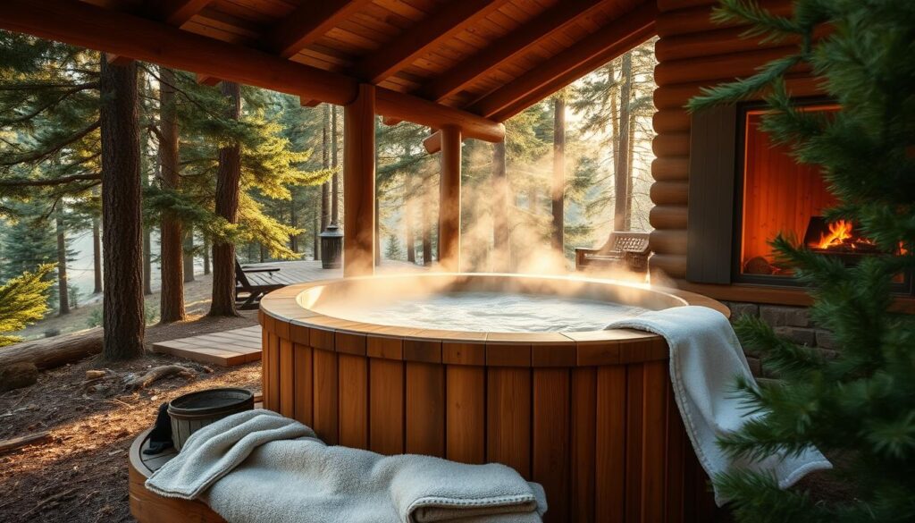 A cozy cedar hot tub nestled in a secluded forest clearing, surrounded by lush evergreen trees. Soft natural light filters through the canopy, casting a warm glow on the steaming water. A plush blanket and fluffy towels sit nearby, inviting a serene soak. The scent of cedar and pine fills the air, creating a tranquil, wellness-focused ambiance. The tub's rough-hewn wooden exterior blends seamlessly with the natural landscape, offering a private, restorative escape. A crackling fireplace can be seen through the cabin window, hinting at the comforts that await beyond the peaceful outdoor oasis.