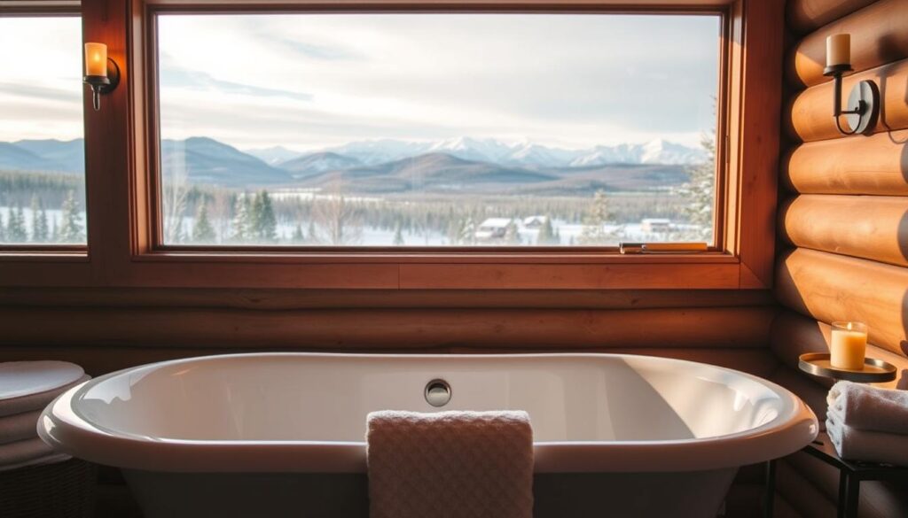 A cozy clawfoot bathtub set against a picture window, overlooking a serene winter landscape in Montana. The tub is situated in a rustic cabin interior, with warm lighting from wall sconces casting a gentle glow. The window frames a breathtaking view of snow-capped mountains in the distance, the sky a soft, pastel blue. Plush towels and a small side table with a candle complete the tranquil, hygge-inspired scene. A medium-wide lens captures the tub in the foreground, the window panorama in the middle ground, and the cabin details in the background, creating a balanced, harmonious composition.