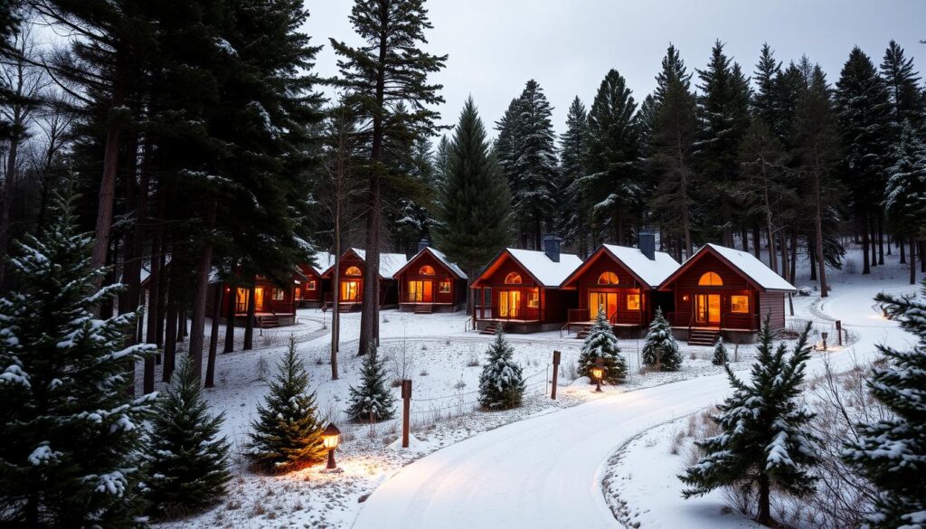 A cozy cluster of log cabins nestled in a lush Indiana forest, the warm glow of firelight spilling from their windows onto the snow-dusted ground. The cabins are surrounded by tall, evergreen trees, their branches heavy with freshly fallen snow. A winding path leads through the serene woodland, inviting visitors to explore this hidden winter retreat. The sky is a soft, muted gray, creating a peaceful, atmospheric ambiance. The scene is illuminated by a combination of natural and artificial lighting, casting a cozy, inviting glow over the entire landscape. This idyllic forest hideaway exudes a sense of rustic charm and romantic solitude, perfectly capturing the essence of a cozy cabin getaway in Southern Indiana.