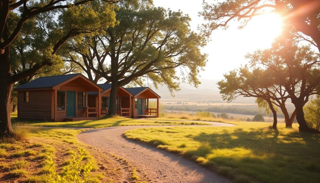 A cozy cluster of minimalist wooden cabins nestled in the serene landscape of Winona, Texas. The cabins feature clean, modern lines and large windows that frame the verdant surroundings. Gentle sunlight filters through the trees, casting a warm, tranquil glow over the scene. In the foreground, a meandering path leads towards the cabins, inviting visitors to slow down and savor the peaceful atmosphere. In the distance, rolling hills and a clear sky create a calming, expansive backdrop. The cabins exude a sense of quiet contemplation, promising an intimate and rejuvenating retreat amidst the natural beauty of the Texas countryside.