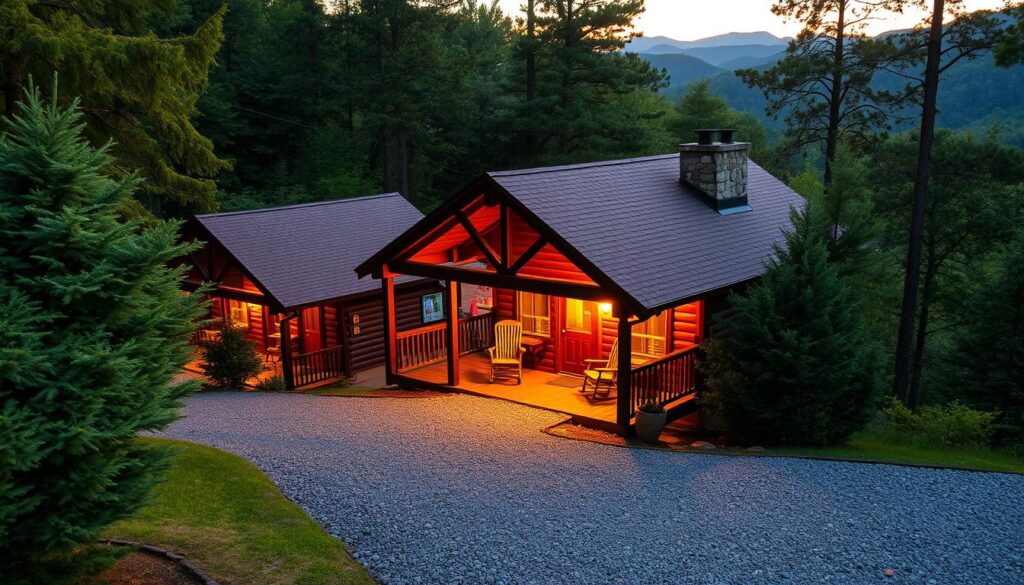 A cozy cluster of rustic blue ridge cabins nestled amidst lush evergreen forests, with a warm glow of soft lighting illuminating their charming wooden exteriors. In the foreground, a winding gravel path leads up to the cabin's inviting porch, where rocking chairs beckon visitors to sit and soak in the peaceful ambiance. The middle ground reveals the cabins' distinctive pitched roofs and stone chimneys, while the background showcases the rolling hills of the North Georgia countryside, bathed in the golden hues of a setting sun. An aura of tranquility and seclusion pervades the scene, conveying a sense of romantic escapism and connection with nature.
