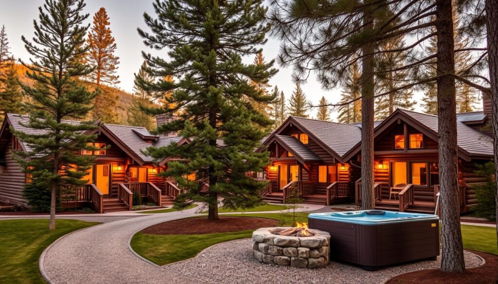 A cozy cluster of rustic mountain cabins nestled in the heart of McCall, Idaho. The cabins are constructed with weathered wood siding and gabled roofs, blending seamlessly into the lush, pine-forested landscape. Warm lighting emanates from the windows, inviting you to step inside and experience the charming, mountain-chic ambiance. In the foreground, a well-maintained gravel path winds through the property, leading to a central gathering area with a crackling fire pit and inviting hot tub. The cabins are flanked by towering evergreen trees, their branches swaying gently in the cool, alpine breeze. The scene is bathed in the soft, golden glow of the afternoon sun, creating a serene and picturesque retreat.