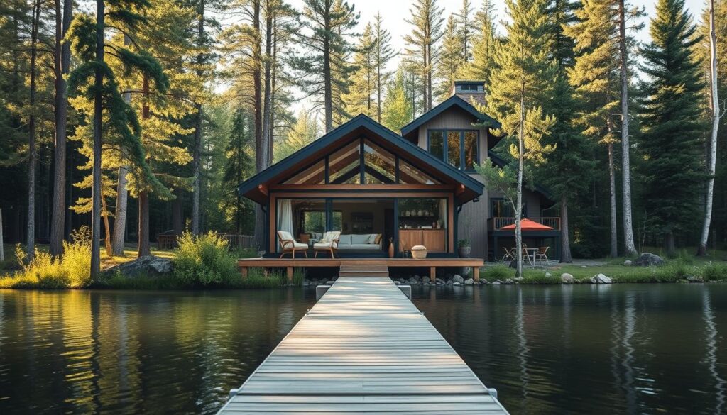 A cozy, design-forward cabin nestled in a lush, verdant forest, its large windows offering breathtaking views of a tranquil lake. Sunlight filters through the canopy, casting a warm, golden glow on the cabin's clean, minimalist exterior. The cabin's well-curated decor seamlessly blends rustic and modern elements, creating a serene, inviting atmosphere. In the foreground, a peaceful dock extends out over the still, reflective waters, inviting visitors to relax and soak in the natural beauty of the North Woods. The background is filled with towering pines and birches, their leaves gently swaying in the breeze, completing the idyllic, secluded scene.