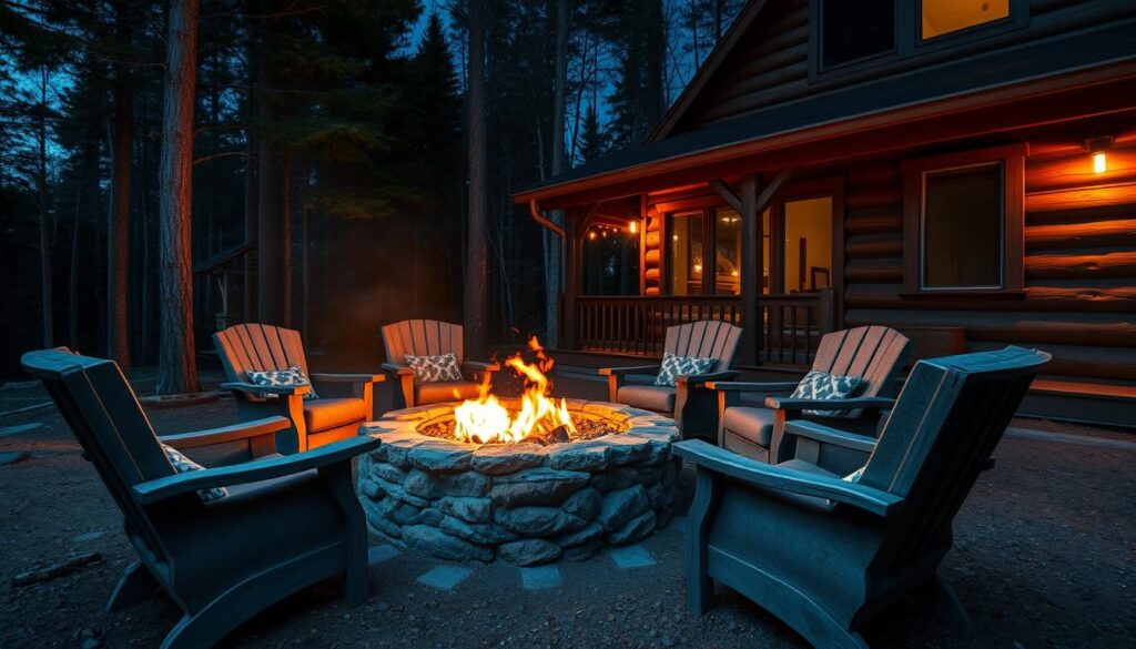 A cozy fire pit nestled in a serene, wooded cabin setting. Warm flames dance, casting a soft, inviting glow across the scene. The fire pit is constructed with natural stone, blending seamlessly with the surrounding landscape. Scattered around it are plush, weathered armchairs, inviting guests to relax and unwind. The cabin's exterior, with its rustic wooden siding and charming architectural details, creates a picturesque backdrop. Overhead, the night sky sparkles with stars, adding to the tranquil, peaceful atmosphere. The image conveys a sense of comfort, relaxation, and cherished moments shared around the crackling fire.