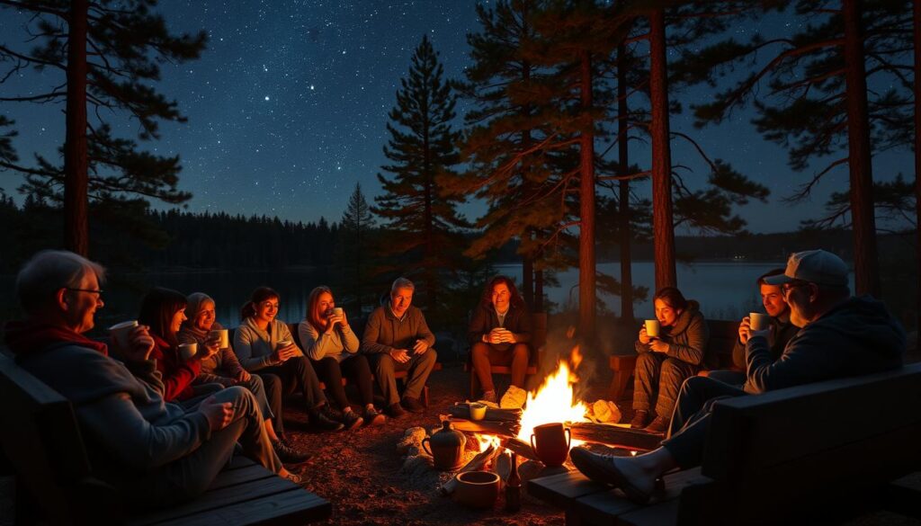 A cozy gathering around a crackling campfire under a starry night sky, nestled between towering pine trees and a tranquil lakeside. In the foreground, friends and family sit on worn wooden benches, hands cupped around mugs of hot apple cider, sharing stories and laughter. The middle ground features a gently flickering fire, its orange glow illuminating the faces of the group. In the background, the still waters of the lake reflect the twinkling stars, and the silhouettes of the pine trees sway gently in a light breeze. The scene is bathed in a warm, natural light, evoking a sense of comfort, connection, and peaceful solitude.