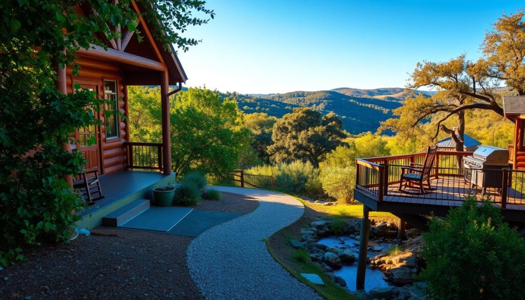A cozy hillside cabin nestled in the lush green foliage of the Texas Hill Country, its wooden exterior bathed in warm, golden afternoon light. In the foreground, a rustic porch with inviting rocking chairs overlooks a winding gravel path leading to a tranquil stream. The middle ground features a well-appointed deck with a grill and patio furniture, perfect for relaxing and taking in the serene natural surroundings. In the background, rolling hills dotted with oak trees and a clear blue sky create a peaceful, picturesque scene. The overall atmosphere evokes a sense of relaxation, comfort, and a connection to the great outdoors.